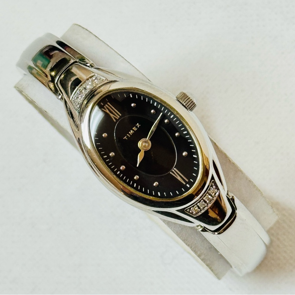 Timex Diamond Collection 5.5" MAX Oval Women's Silver Stainless Black Dial Watch